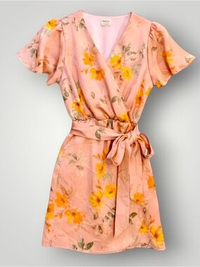 Peach Love California Pink Floral Wrap Mini Dress with Yellow flowers Small
